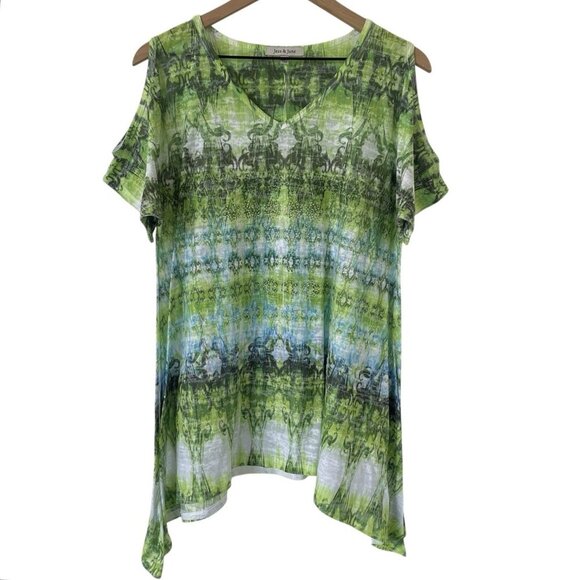 Jess & Jane Womens Tie Dye Tunic Top L Artsy Rhinestone Shark Bite Green Blouse - Picture 1 of 13
